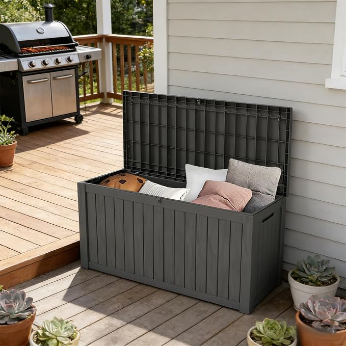 150 Gallon Waterproof Resin Outdoor Storage Box, Lockable & UV Resistant | Patio Deck Boxes, Outside Storage for Patio Cushions, Pool Toys, Garden Tools & Package Delivery, Black