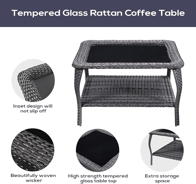 Belord Patio Furniture Set 6 Seats, Oversized Outdoor Sectional Couch, Two 3-Seater Sofas with Coffee Table, Patio Conversation Sets,Ideal for Porch, Deck, Gray Wicker/Blue