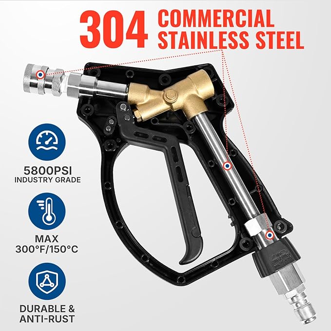 YAMATIC Stainless Steel Short Pressure Washer Gun 5800 PSI with Swivel 3/8" Plug, Easy Pull Trigger High Power Washer Handle with 1/4" Quick Connect for Foam Cannon Gun Car Wash