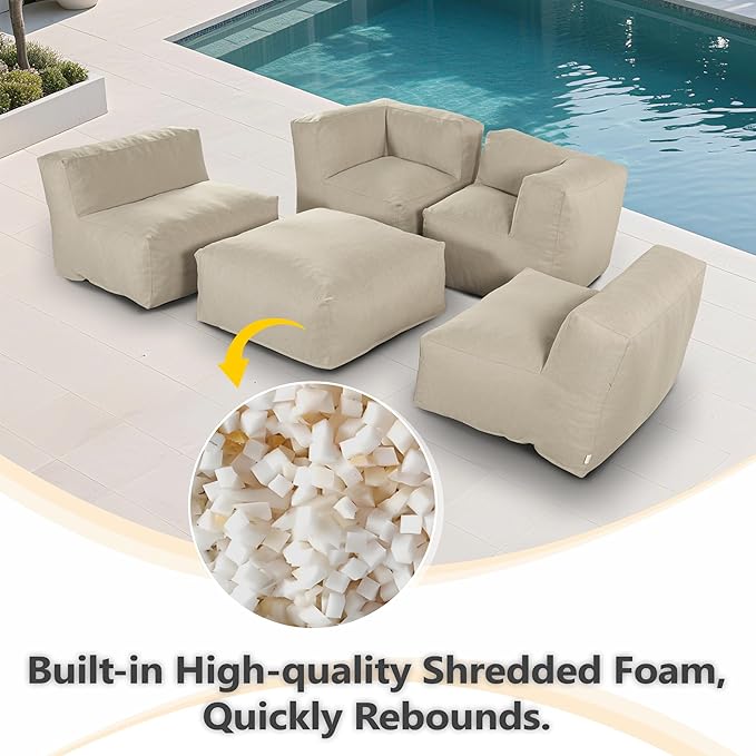 Patio Furniture Set, 5 Pcs Outdoor Conversation Set with Bean Bag Middle Chairs, Corner Chair, Ottomans, Modern Foam Couch Set for Garden, Deck, Balcony (5, Light Beige)