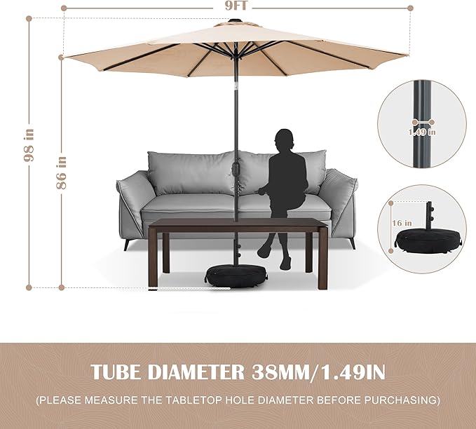 Sundale Outdoor 9FT Patio Umbrella with Sand Bag Umbrella Base, Outdoor Umbrella with Tilt and Crank, Tan