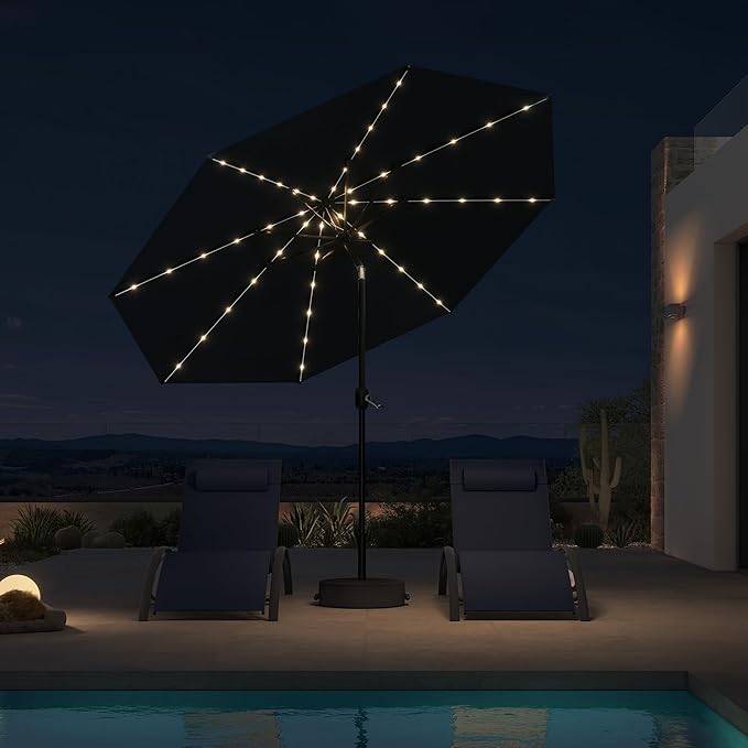 PURPLE LEAF 10' Round Patio Umbrella with Solar LED Outdoor Table Umbrella Aluminum Frame Market Umbrella with 8 Sturdy Ribs & Tilt for Garden Deck Lawn Pool Navy Blue