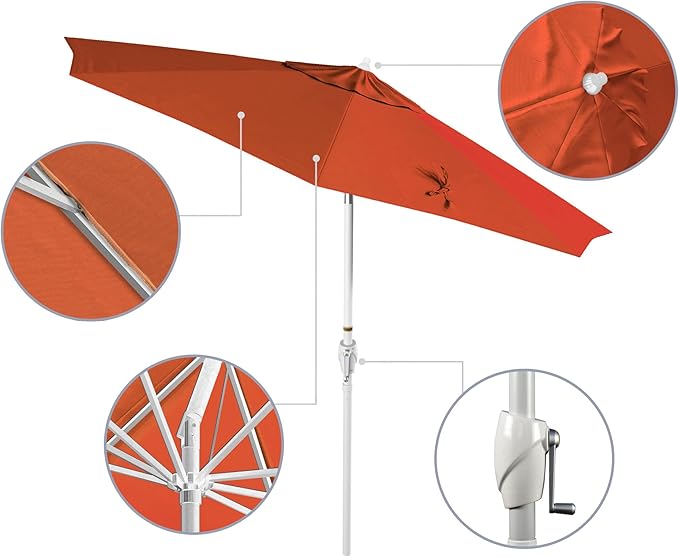 California Umbrella 12-Year Protection 9' Rd Aluminum Patio Umbrella, Crank Lift, Auto Tilt, White Finish, Sunbrella Melon