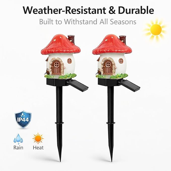 Solar Garden Lights Outdoor, 2 Pack Decorative Solar Mushroom House Pathway Lights Waterproof, Resin Fairy Garden Lights for Yard Lawn Walkway Patio Decor