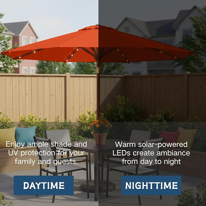 9' Solar LED Patio Umbrella with Tilt & Crank|8 Sturdy Ribs,UV Protection,Outdoor Market Table Umbrella for Deck,Lawn,Pool,Backyard(Orange)