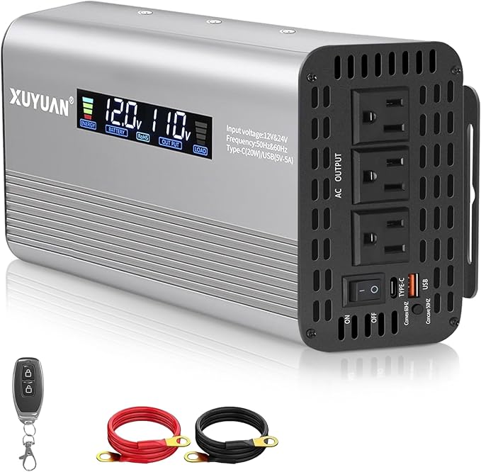 1500W Pure Sine Wave Inverter, 12V/24V Auto-Detect, 50Hz/60Hz Switchable, LCD Display, Type-C Fast Charging, Silent Design, Overload & Overheat Protection for RV, Home