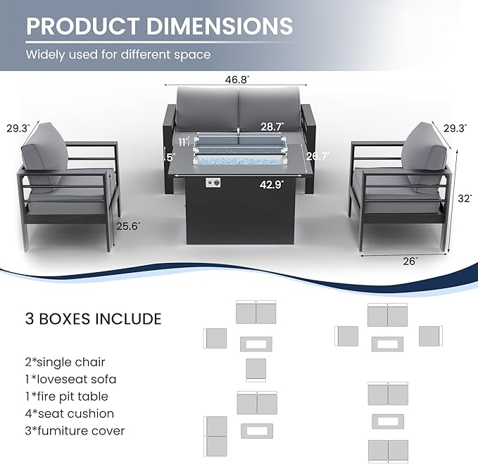 Amopatio Patio Furniture with Fire Pit, 5 Pcs Aluminum Outdoor Sectional Metal Patio Sofa Sets with Aluminum Fire Pit Table for Backyard(Included Waterproof Covers)