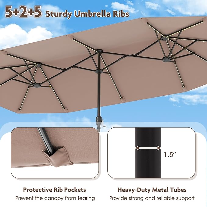 Tangkula 13 FT Large Patio Umbrella w/LED Solar Lights, Crank Handle, 12 Heavy-Duty Ribs, Outdoor Double-Sided Table Market Umbrella Rectangular Twin Parasol for Garden Deck Lawn Poolside (Tan)