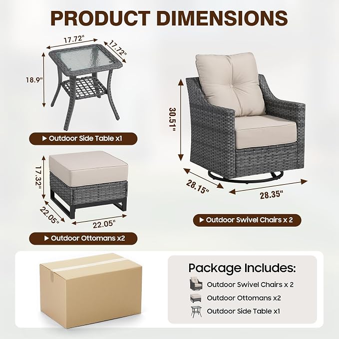 5 Piece Patio Furniture Set,360°Swivel Glider Patio Chairs Set of 2,Side Tale and 2 Ottomans, All-Weather Wicker Patio Set Comfortable Seating with 6 Inch Thick Cushions for Balcony Garden