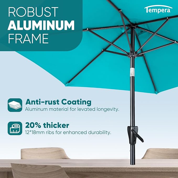 Tempera Patio Market Outdoor Table Umbrella with Push Button Tilt and Crank, Large Sun Umbrella with Sturdy Pole & Fade Resistant Canopy, Easy to Set