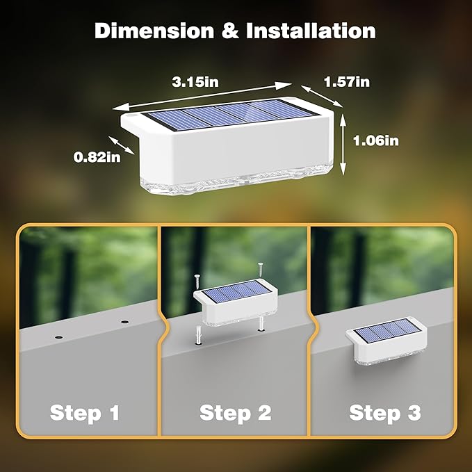 Peasur Solar Fence Lights Outdoor, 8 Pack Step Light Solar Powered, Waterproof LED Deck Lights for Stairs Railing Yard Patio Outside Warm White-White