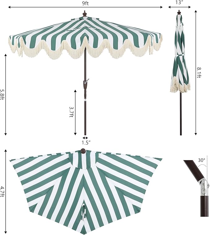 JONATHAN Y Beverly 9 ft. Coastal Green and White Striped Half Patio Umbrella with Scalloped Fringe, Crank Lift, and Manual Tilt for Balcony, Dark Brown Pole UMB1201F