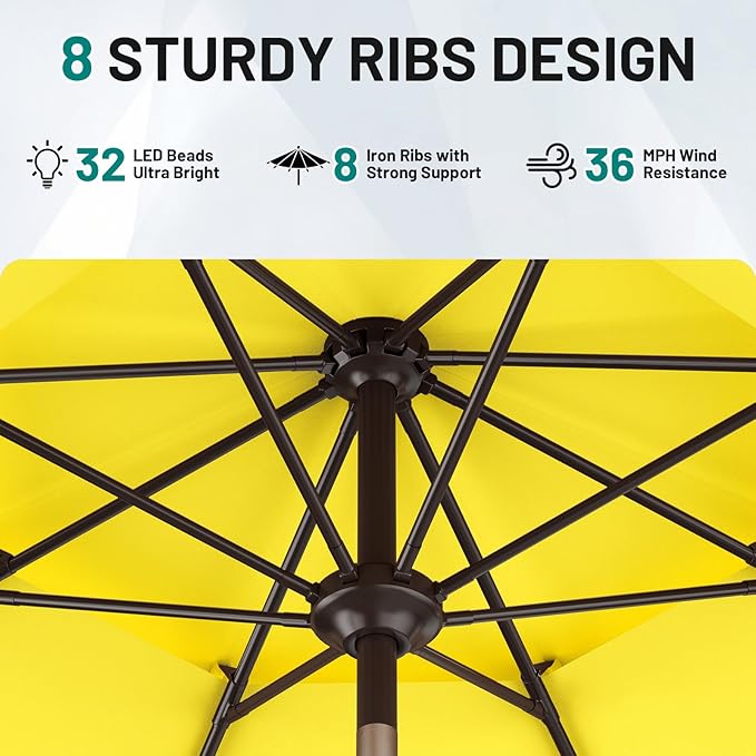 AreShark 9ft 2 Tiers Patio Umbrella with Solar Lights, Outdoor Umbrella w/ 32 LED Lights&8 Sturdy Ribs, Table Umbrella for Deck, Backyard, Pool(Yellow)