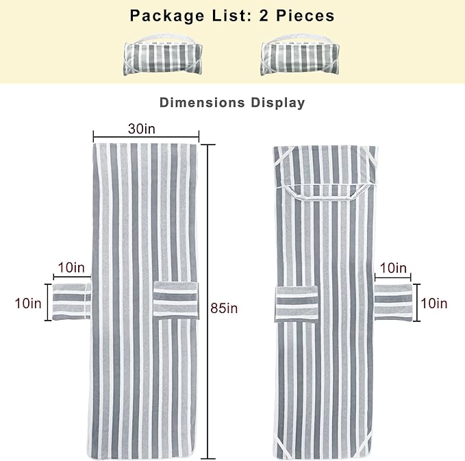 Lounge Chaise Chair Towel Cover,Pack of 2, Ultra Plush & Absorbent Micro Fleece Towel Cover for Pool,Beach,Outdoor(Garden, Courtyard)| Faster Drying, Non-Slip,2 Side Pockets | 85" x 30"-Gray