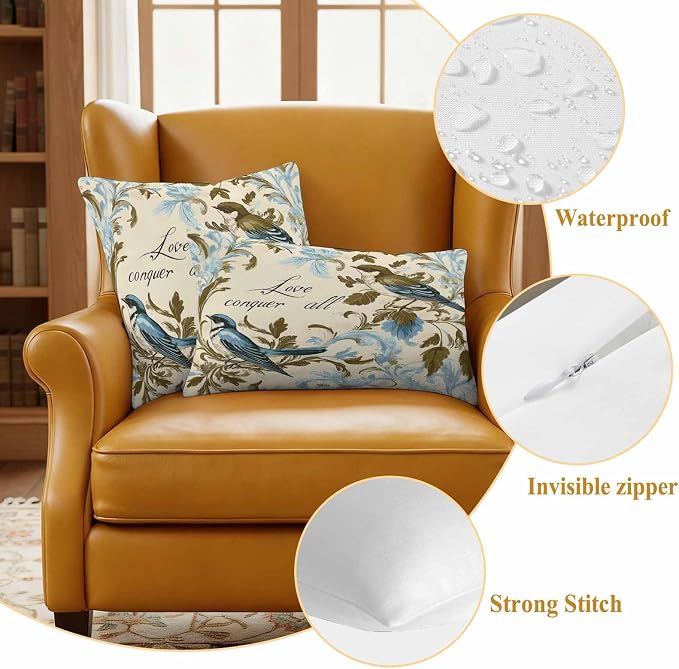 Vintage Bird Flower Outdoor Waterproof Throw Pillow Covers Set of 2, 26"x26", Watercolor Green Blue Floral Decorative Pillow Covers Outside Cushion Case for Patio Porch Garden
