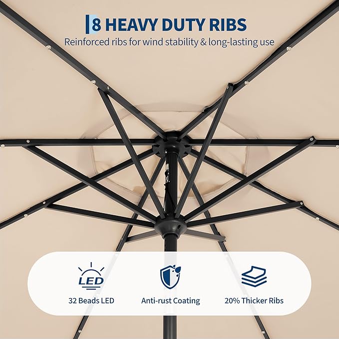 Garvee 9FT Patio Umbrella with 32 Solar LED Lights, Outdoor Table Market Umbrella with Tilt and Crank, 8 Sturdy Iron Ribs Sun Shade for Garden, Deck, Backyard and Pool, Beige