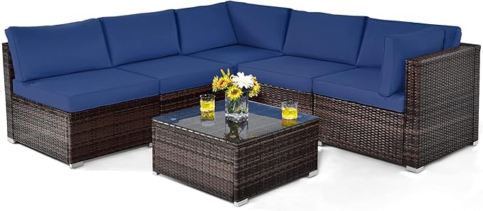 COSTWAY 6-Piece Outdoor Patio Furniture Set, Rattan Sectional Sofa Set with Tempered Glass Coffee Table and Cushions for Garden, Deck, Backyard (Navy)