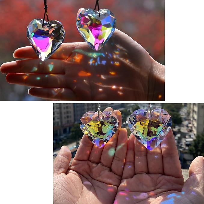 2PCS Heart Crystal Suncatcher Prisms for Windows (1, Heart ABColor 2Pcs) | AB Color, Transparent, K9 Glass, Rainbow Maker, with Hooks & Cord