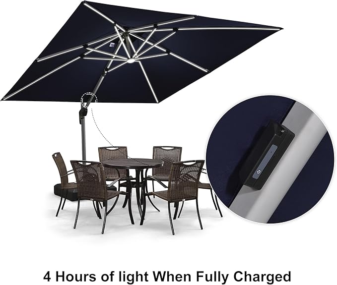 PURPLE LEAF 10 Feet Solar Powered LED Square Cantilever Umbrella With Base Patio Umbrellas Windproof Hanging Umbrella Outdoor Offset Umbrellas, Navy Blue