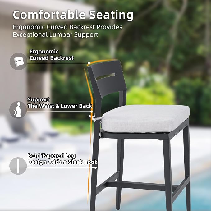 Modern 5-Piece Outdoor Patio Bar Table Set for 4, Small Square Sintered Stone Table with 4 Sunbrella Cushion Bar Chairs, Aluminum Frame and Umbrella Hole, Weather/Heat-Resistant