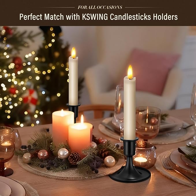 KSWING Upgraded Real Wax Short LED Flameless Taper Candles with Remote, 6 PCS Mushroom Beige Candlesticks Battery Operated 3D Flickering for Home/Wedding/Fireplace Xmas Decor