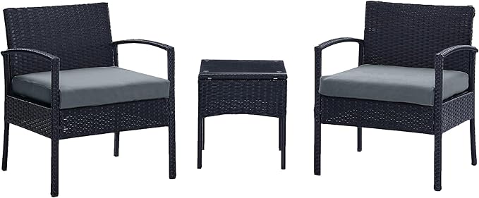Manhattan Comfort Noli 3-Piece Patio Conversation Set, Outdoor Furniture Made of Steel Rattan | Includes 2 Modern Armchairs, Tempered Glass End Table, Removable Waterproof Cushions, Grey