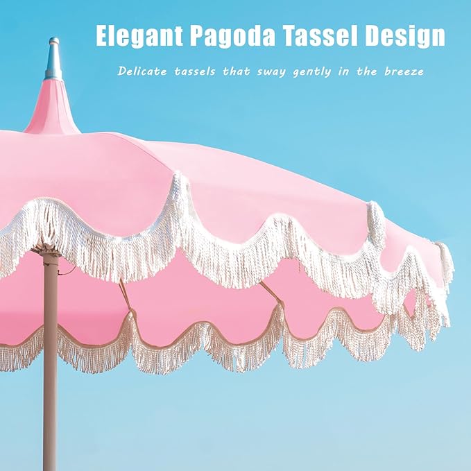 7.5ft Pagoda Patio Umbrella with Fringe, UPF50+ Tassel Umbrella with Crank & Fiberglass Ribs, Holiday Outdoor Umbrella for Garden Pool Lawn Yard Table