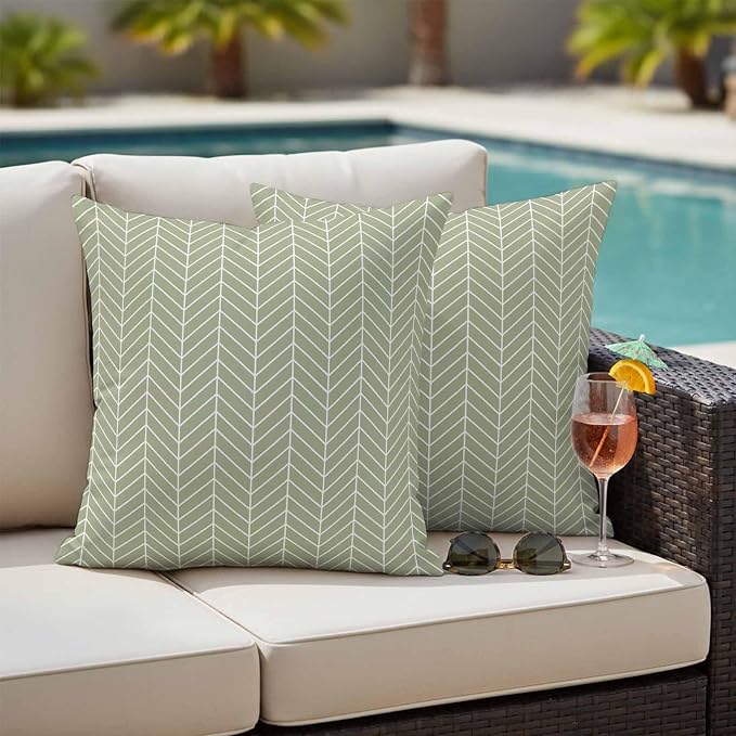 Outdoor Waterproof Throw Pillow Covers Set of 2 Sage Green Chevron Stripes Pillowcases 18x18 Inches Modern Geometric Texture Decorative Pillows Cushion Case Patio Pillows for Couch Bed Chair Garden