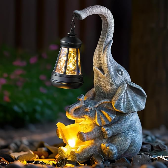Candieslife Solar Garden Statue Lights Loving Elephants Figurine with Solar Lantern, Outdoor Yard Decorations for Patio Porch Home, Housewarming Elephant Gifts for Mom, Women