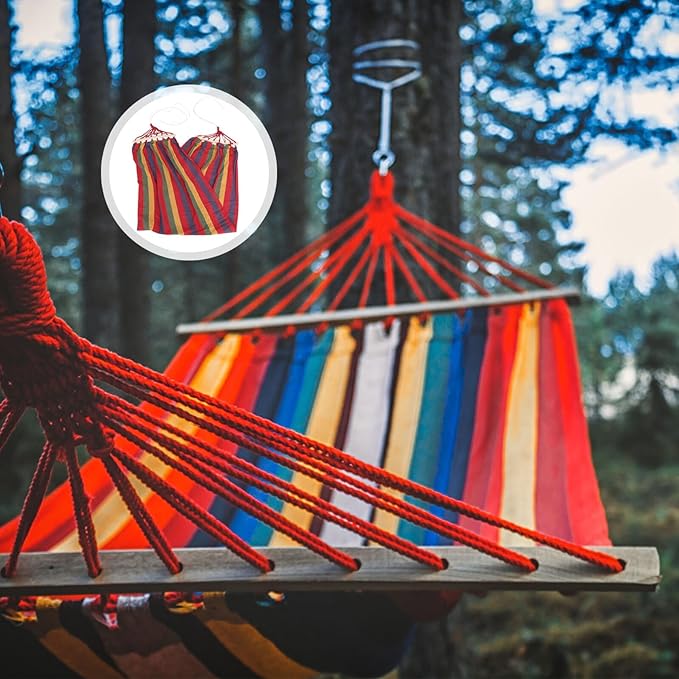 Toyvian Single-Person Traveling Hammock Rainbow Striped Canvas Cotton Outdoor Leisure Swing for Camping and Travel with Anti-tip Design in Red