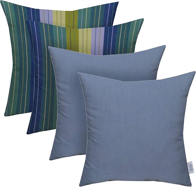 RSH DECOR: Square Throw Pillows Set of 4 | 17" x 17" | Sunbrella Performance Fabric | Outdoor Decorative Accent Pillows for Patio Furniture | Seville Seaside & Canvas Air Blue-Made in USA