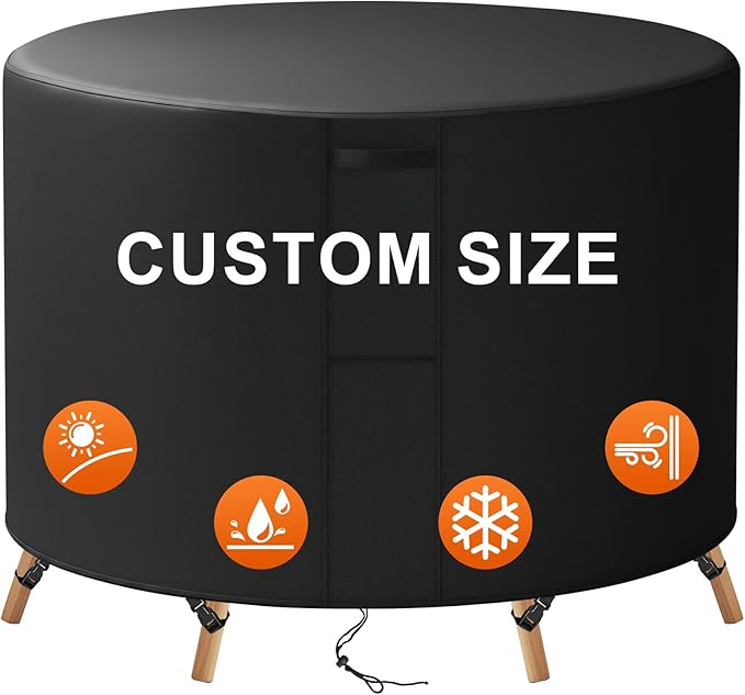 28"(D) x 60"(H) Round Outdoor Furniture Cover, Custom Heavy Duty 420D Waterproof Patio Furniture Cover with Drawstring & Buckles for Table Chair Garden, Black