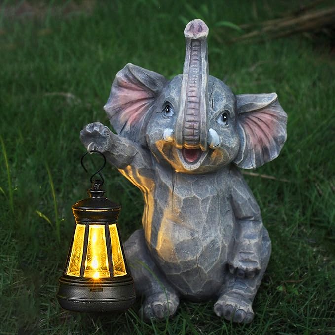 Solar Garden Statue Outdoor Elephant Decor Lights, Figurine with Solar Lantern, Yard Decorations for Patio Porch Home, Christmas Elephant Gifts for Women - Unique Housewarming Gifts