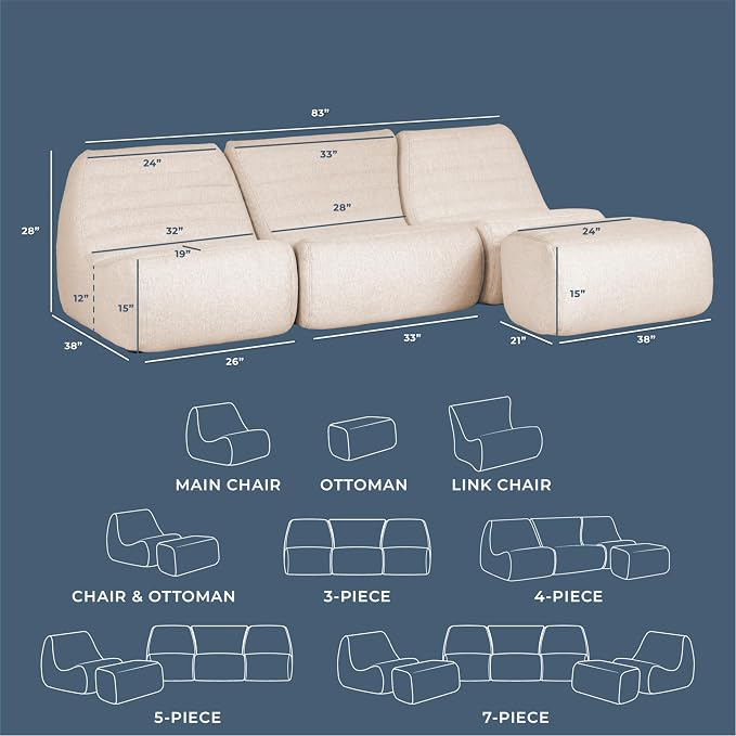 Big Joe Solvana Outdoor Sectional, 4 Piece Patio Furniture Set, Performance Linen Weather-Resistant Fabric Sofa, Sunlit Cream
