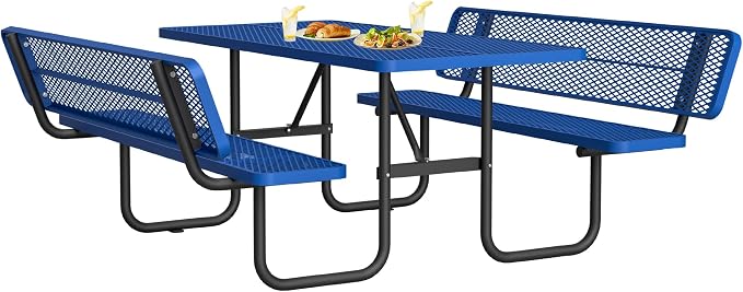 79" Rectangular Metal Picnic Table with Backrest, 1.73" Umbrella Hole, Heavy-Duty Rust & Heat Resistant Steel Mesh Table Set, Smooth Rounded Corner Design for Yard, Park, Beach & BBQ, Blue
