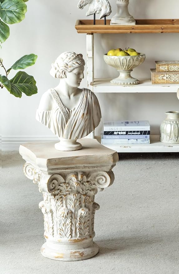 Small Side Table for Living Room, Farmhouse Rustic French Country MGO Pedestal Stand Ornate with Scrollwork Design and Gold Accents, Square Distressed Display Stand White 14x14x17.5