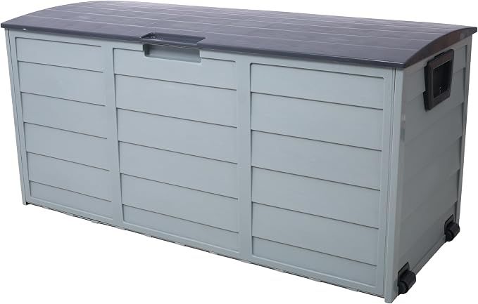 75 Gallon Resin Deck Box with Wheels Lockable Patio Outdoor Storage Box Weather-Resistant Outside Storage for Garden Backyard Poolside & Porch Heavy-Duty Water-Resistant Deck Storage Container