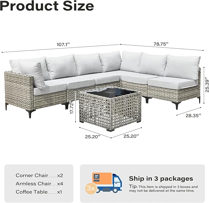 7 Pieces Patio Furniture Set with Solar Light Coffee Table, All-Weather Rattan Outdoor Sectional Conversation Sets L Shaped Sofas with Thick Cushions for Porch Balcony Backyard Grey
