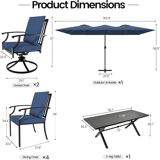8 PCS Outdoor Patio Dining Set with 13.6ft Double-Sided Patio Umbrella,Patio Table and Chairs Metal Outdoor Patio Furniture Set,Dining Table Set with Swivel Chairs,Navy Blue