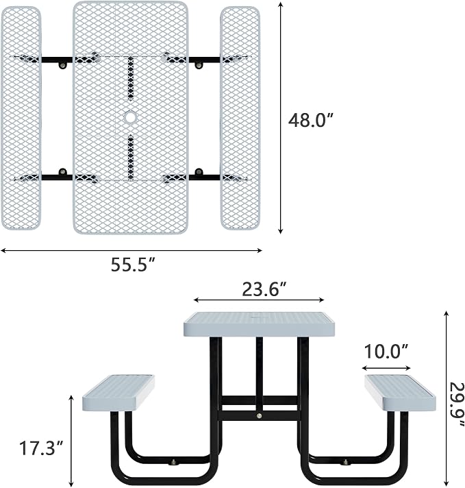 Picnic Tables for Outdoors,Commercial Metal Picnic Table Bench Set with Umbrella Hole,School Canteen Tables W/Seats - Heavy Duty Sturdy Picnic Tables Furniture for Patio Garden (Grey, 4FT)