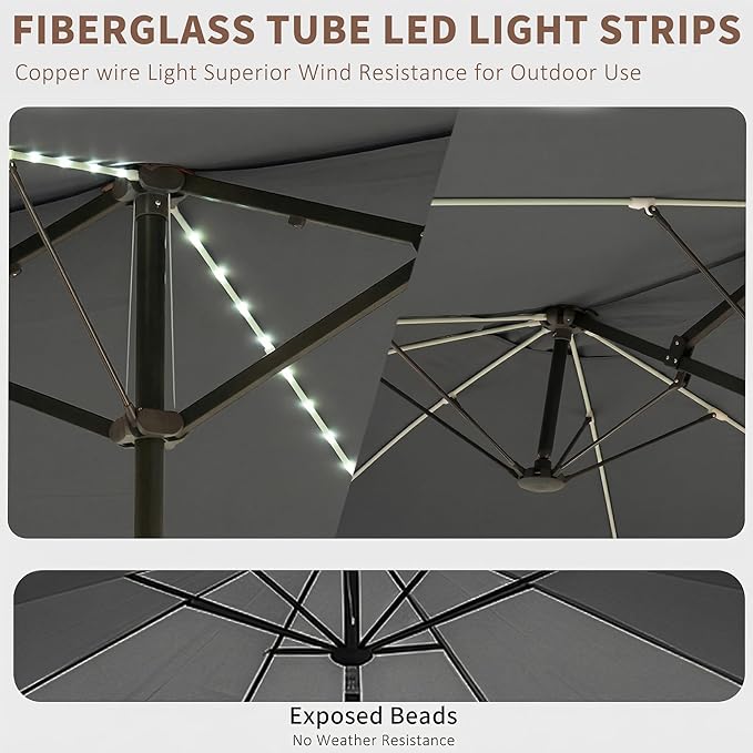 15FT Large Double Sided Patio Umbrella, Fade Resistant Outdoor Umbrellas with Fiberglass Ribs, Solar Panel, LED Lights & USB Charging, Rectangular Market Umbrella with Aluminum Crank for Poolside, Deck, Patio, BBQ, Garden, Dark Gray