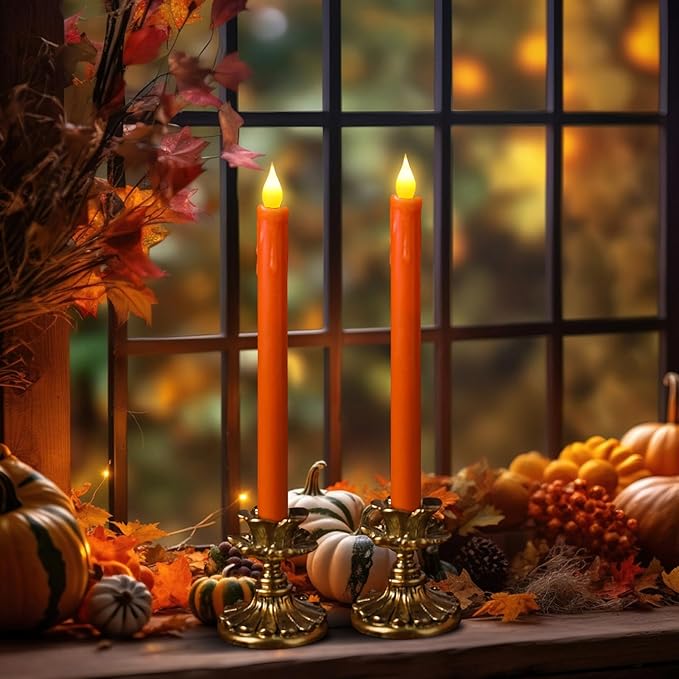 6PCS Thanksgiving Flameless Taper Candles - Orange Candles Battery Operated Flickering Real Paraffin Wax Dripping Wax 3D Wick Lights Led for Thanksgiving, Halloween, Fall Party Decorations