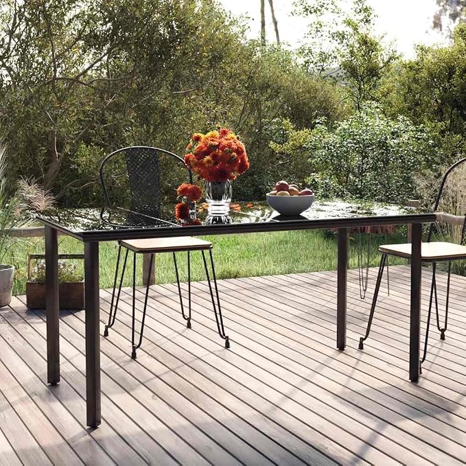vidaXL Tempered Glass Table, Patio Dining Table with Steel Frame, Patio Furniture for Backyard Garden, Modern Style, Black Steel and Tempered Glass