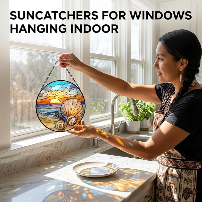Birthday Gifts for Women - Beach Shell Faux Stained Glass Window Hanging Sun Catcher for Door Garden Acrylic Ocean Decor Mother's Day Christmas for Mom Men Nana Grandma Sisters 7.8"