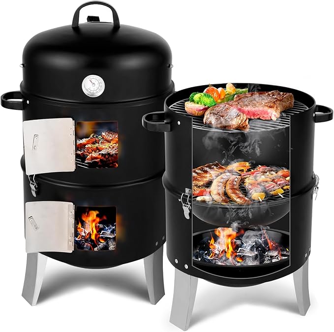 Heavy Duty Double Layer Round BBQ Grill,3-in-1 Vertical Steel Charcoal Smoker, 18 Inch Multi-Layer Charcoal BBQ Smoker Grill,Idea for Parties, Backyard, Barbecues