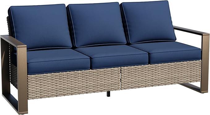 75" Patio Metal Wicker Sofa, All Weather Outdoor Rattan 3-Seat Sofa Couch with Premium Cushions & Rectangular Framed Wood-Looking Metal Armrest for Garden Backyard Porch Deck, Dark Blue