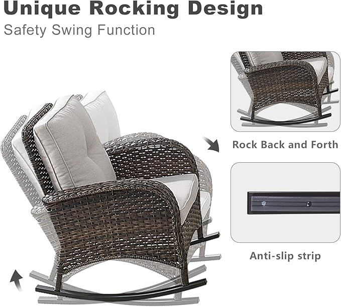 HUMMUH 5 Pieces Wicker Patio Furniture Set,Outdoor Rocker Chairs,Patio Ottomans,Glass Top Side Table,Outdoor Conversation Set for Porch Deck Backyard Poolside