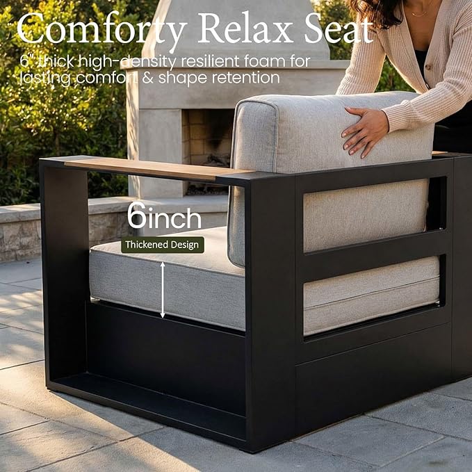 LayinSun 5 Pieces Aluminum Patio Furniture Set with Fire Pit Table, Oversized Outdoor Conversation Set 7 Seats with 6" Thick Cushions for Outside Porch, Balcony, Deck
