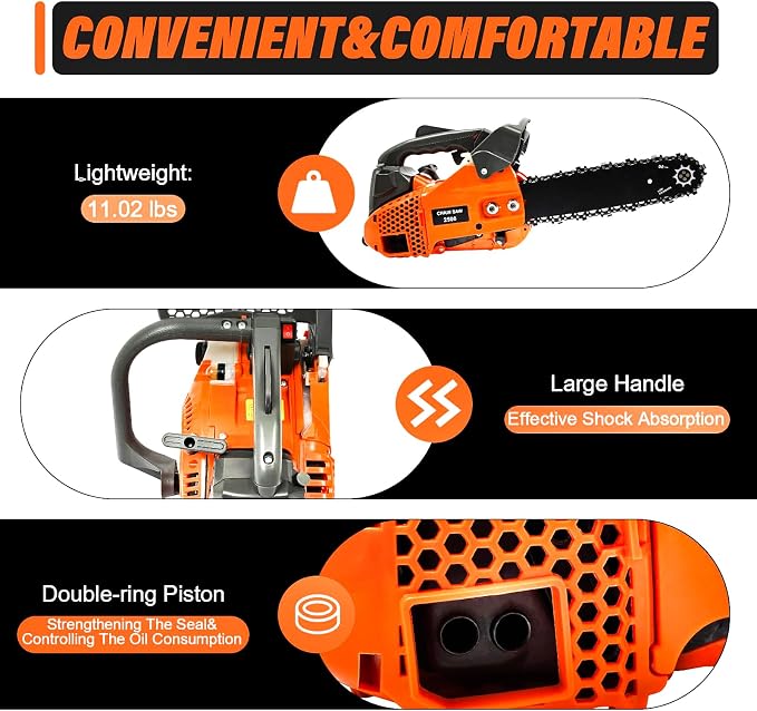 25.4CC 2-Cycle Top Handle Chainsaw Gas Chainsaws, 11.8 Inch Gas Powered Petrol Handheld Cordless Gasoline Chain Saw w/Safety Lock & Automatic Return Switch for Wood Pruning, Tree Stump Trimming