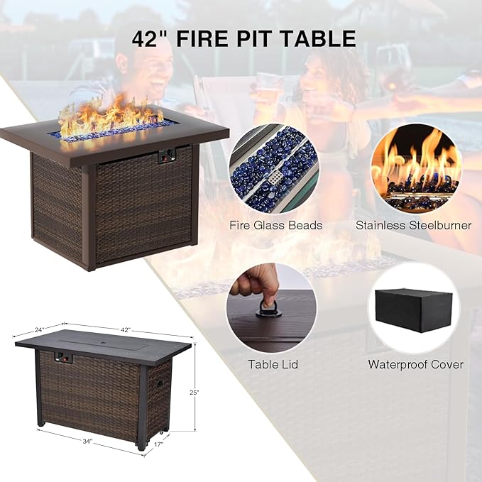 9 Pieces Outdoor Sectional Patio Furniture Set with Fire Pit Table PE Rattan Wicker Patio Sectional Armless Conversation Set with Cushions Blue